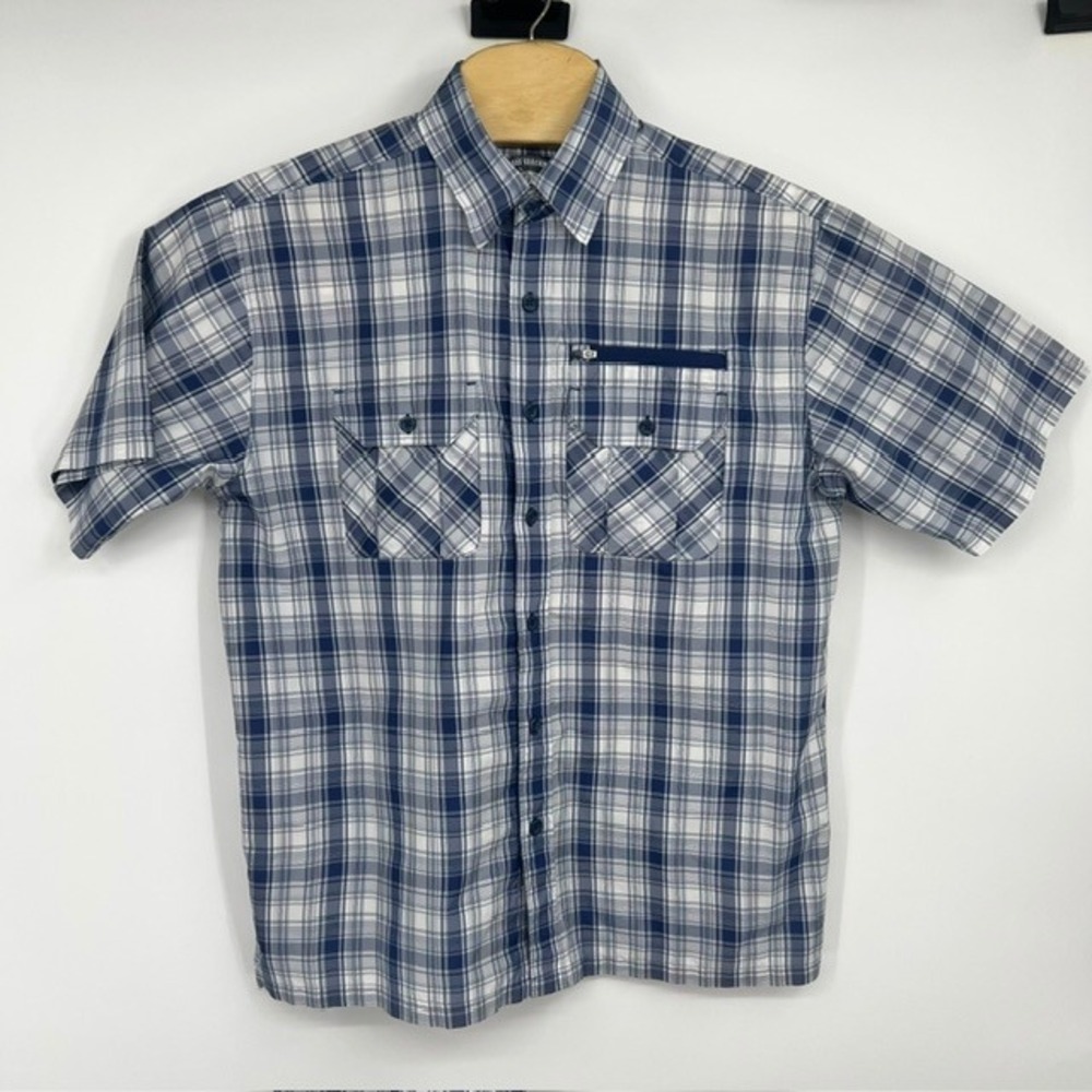 Reel Legends Men's Small Blue and White Plaid S/S Button Up Fishing Shirt